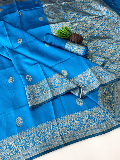 Unequalled Firozi Soft Silk Saree With Capricious Blouse Piece