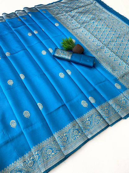 Unequalled Firozi Soft Silk Saree With Capricious Blouse Piece
