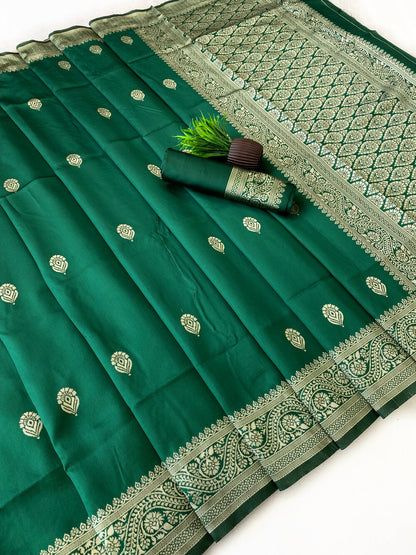 Luminous Green Soft Silk Saree With Cynosure Blouse Piece