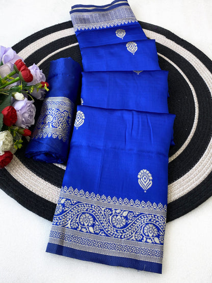 Posh Royal Blue Soft Silk Saree With Elision Blouse Piece