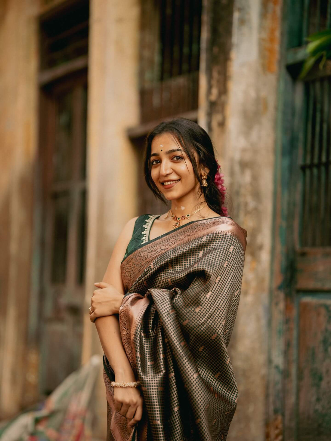 Impressive Dark Green Soft Silk Saree With Gossamer Blouse Piece