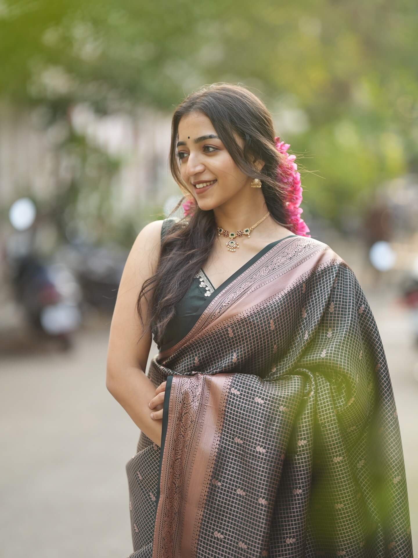 Impressive Dark Green Soft Silk Saree With Gossamer Blouse Piece