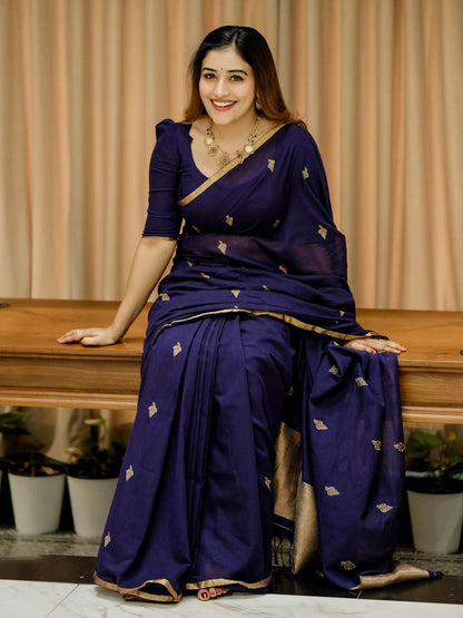 Demanding Navy Blue Cotton Silk Saree With Inspiring Blouse Piece