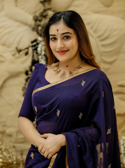 Demanding Navy Blue Cotton Silk Saree With Inspiring Blouse Piece