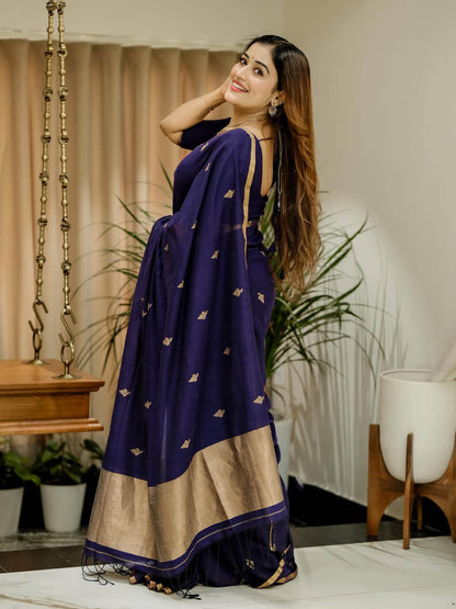 Demanding Navy Blue Cotton Silk Saree With Inspiring Blouse Piece