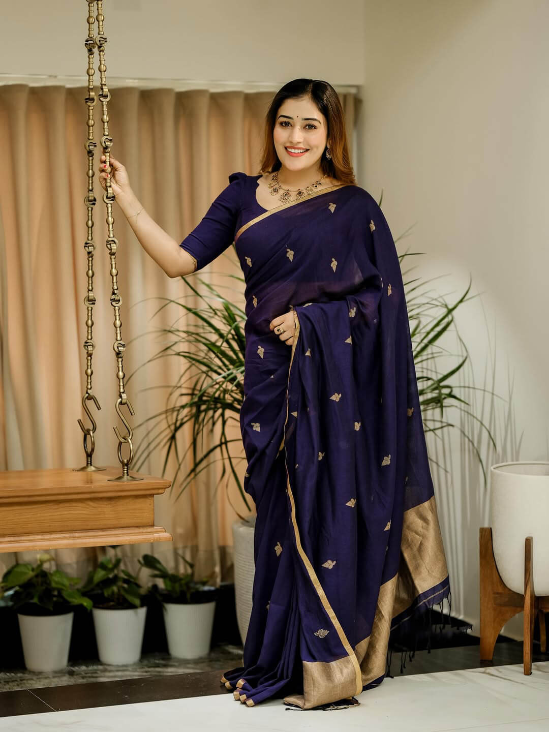 Demanding Navy Blue Cotton Silk Saree With Inspiring Blouse Piece