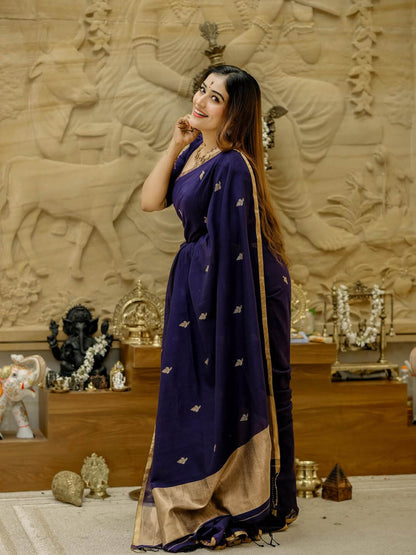 Demanding Navy Blue Cotton Silk Saree With Inspiring Blouse Piece