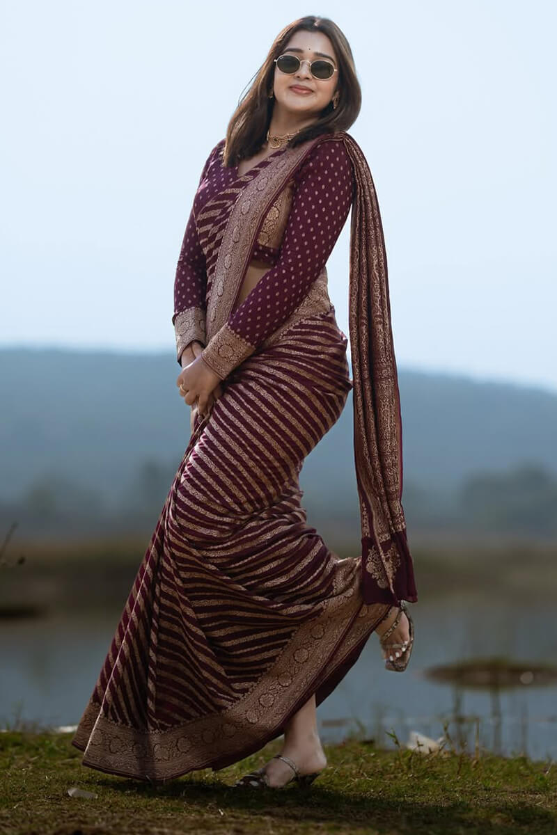 Exceptional Wine Soft Silk Saree With Cynosure Blouse Piece