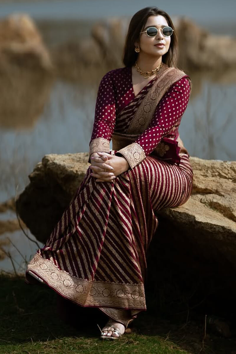 Exceptional Wine Soft Silk Saree With Cynosure Blouse Piece