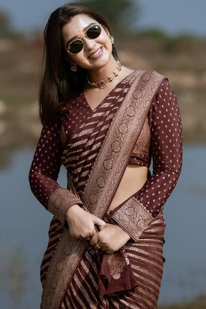Exceptional Wine Soft Silk Saree With Cynosure Blouse Piece
