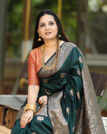 Tremendous Dark Green Soft Silk Saree With Stunning Blouse Piece