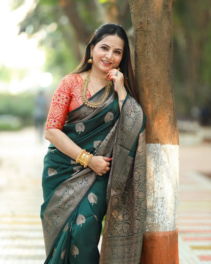 Tremendous Dark Green Soft Silk Saree With Stunning Blouse Piece