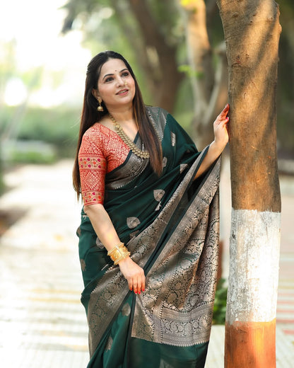 Tremendous Dark Green Soft Silk Saree With Stunning Blouse Piece