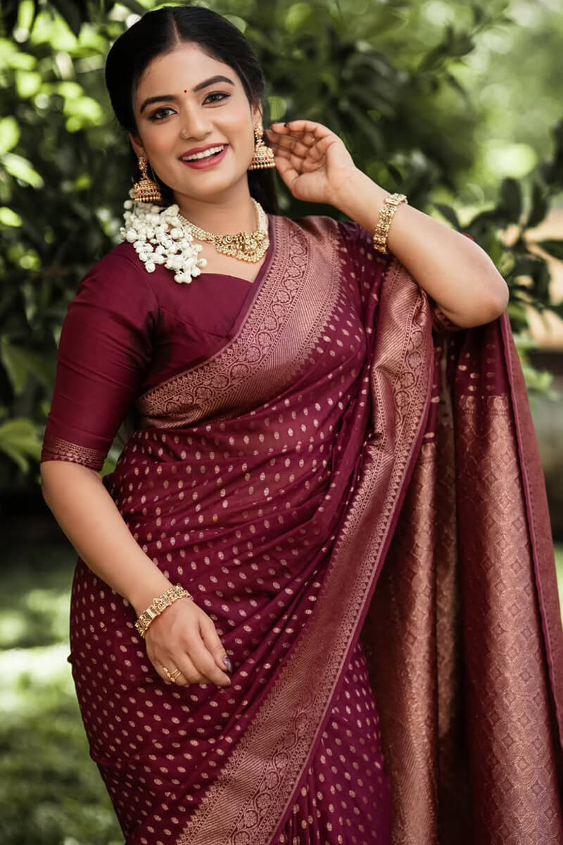 Adorable Wine Soft Silk Saree With Gratifying Blouse Piece