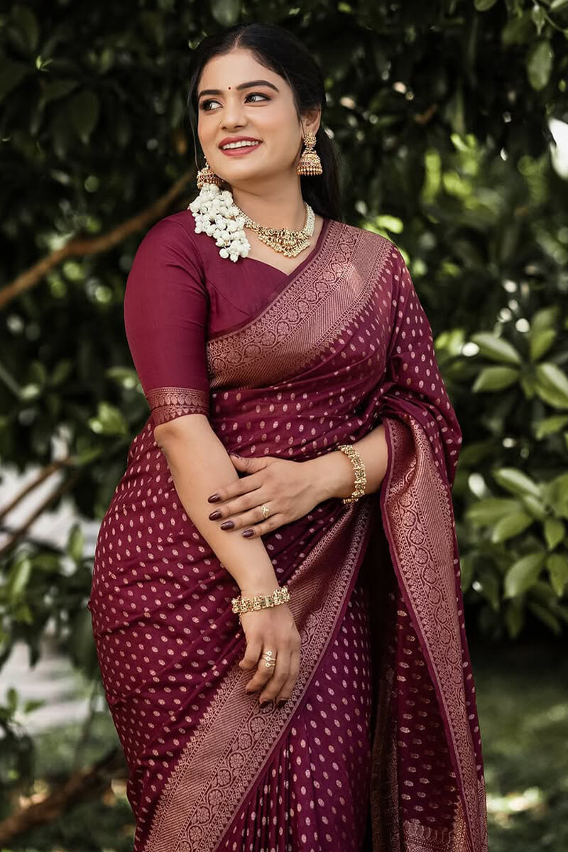 Adorable Wine Soft Silk Saree With Gratifying Blouse Piece