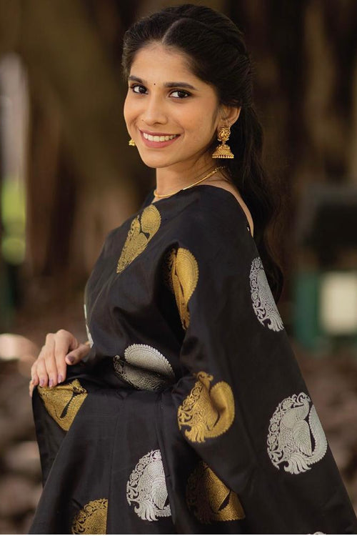 Load image into Gallery viewer, Desultory Black Soft Silk Saree With Dalliance Blouse Piece
