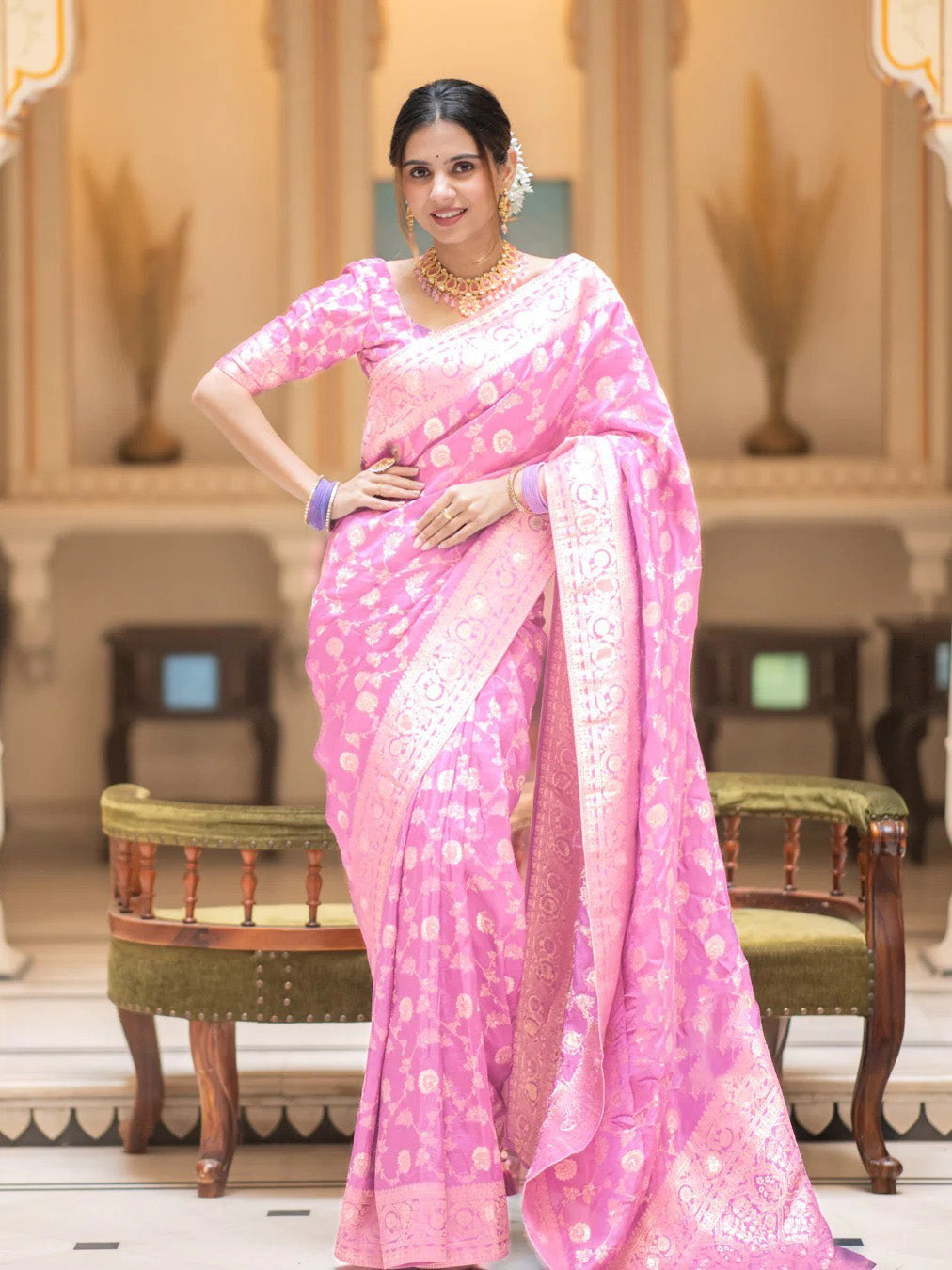 Glorious Baby Pink Soft Silk Saree With Opulent Blouse Piece