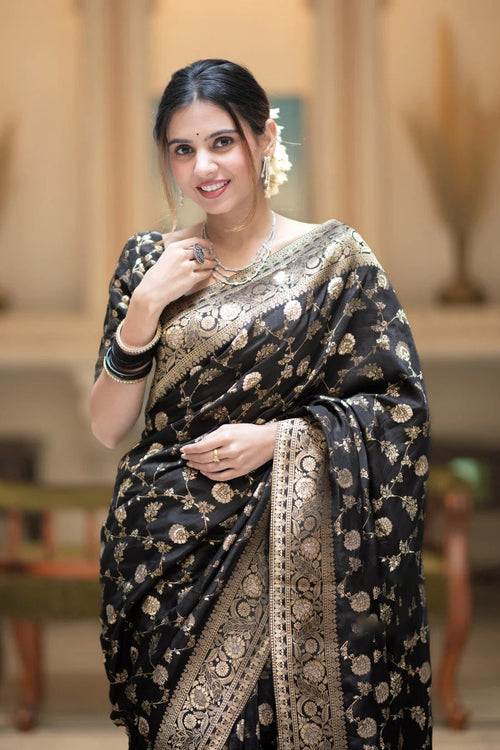 Load image into Gallery viewer, Captivating Black Soft Silk Saree With Jazzy Blouse Piece
