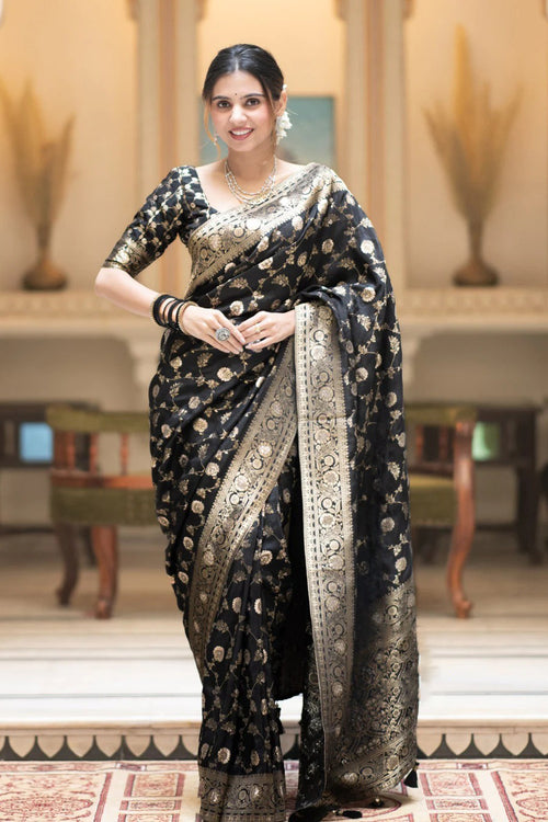 Load image into Gallery viewer, Captivating Black Soft Silk Saree With Jazzy Blouse Piece
