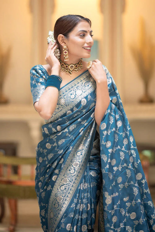 Load image into Gallery viewer, Gorgeous Firozi Soft Silk Saree With Sophisticated Blouse Piece
