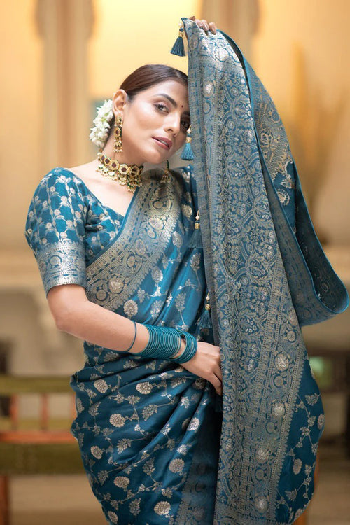 Load image into Gallery viewer, Gorgeous Firozi Soft Silk Saree With Sophisticated Blouse Piece
