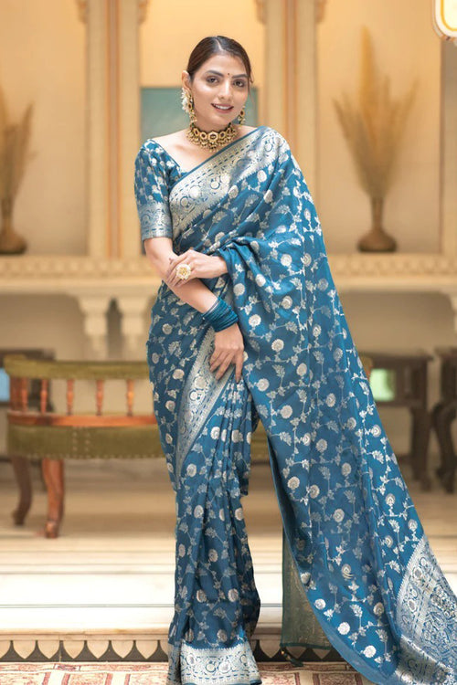 Load image into Gallery viewer, Gorgeous Firozi Soft Silk Saree With Sophisticated Blouse Piece
