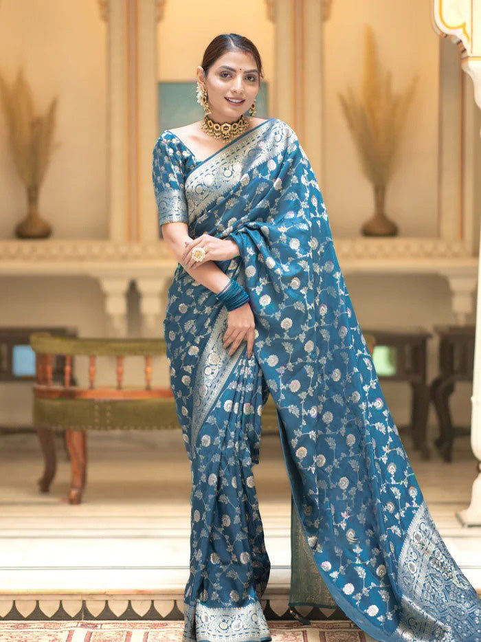 Gorgeous Firozi Soft Silk Saree With Sophisticated Blouse Piece