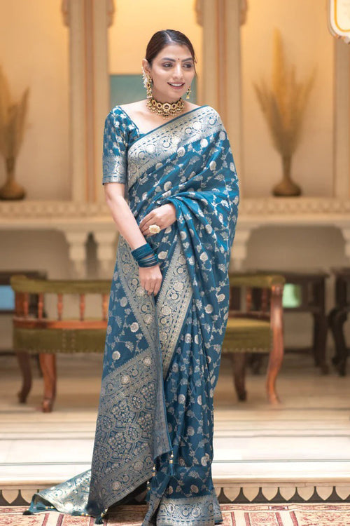 Load image into Gallery viewer, Gorgeous Firozi Soft Silk Saree With Sophisticated Blouse Piece
