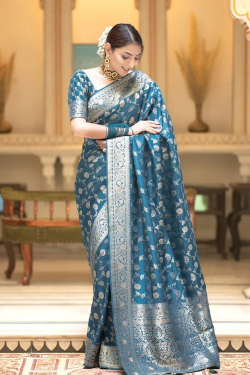 Load image into Gallery viewer, Gorgeous Firozi Soft Silk Saree With Sophisticated Blouse Piece
