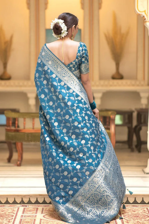 Load image into Gallery viewer, Gorgeous Firozi Soft Silk Saree With Sophisticated Blouse Piece
