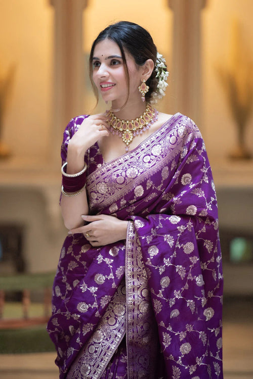 Load image into Gallery viewer, Adorning Purple Soft Silk Saree With Deserving Blouse Piece
