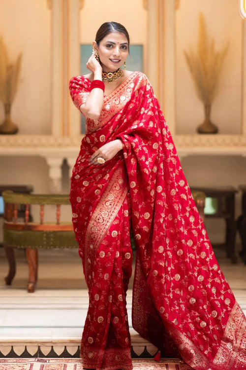 Load image into Gallery viewer, Desiring Red Soft Silk Saree With Engrossing Blouse Piece
