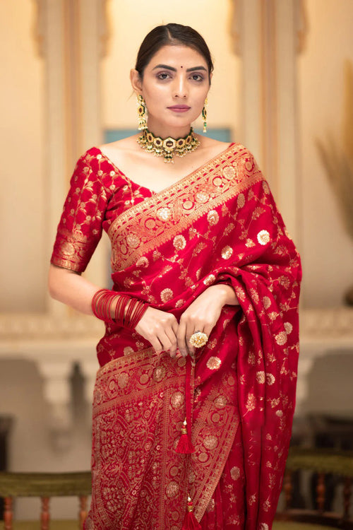 Load image into Gallery viewer, Desiring Red Soft Silk Saree With Engrossing Blouse Piece
