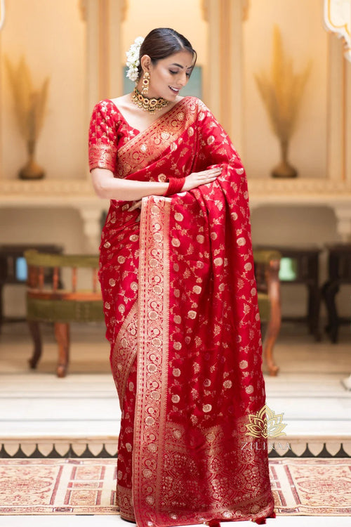 Load image into Gallery viewer, Desiring Red Soft Silk Saree With Engrossing Blouse Piece
