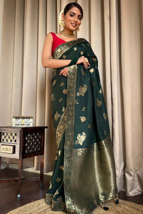 Load image into Gallery viewer, Classy Dark Green Soft Silk Saree With Elegant Blouse Piece
