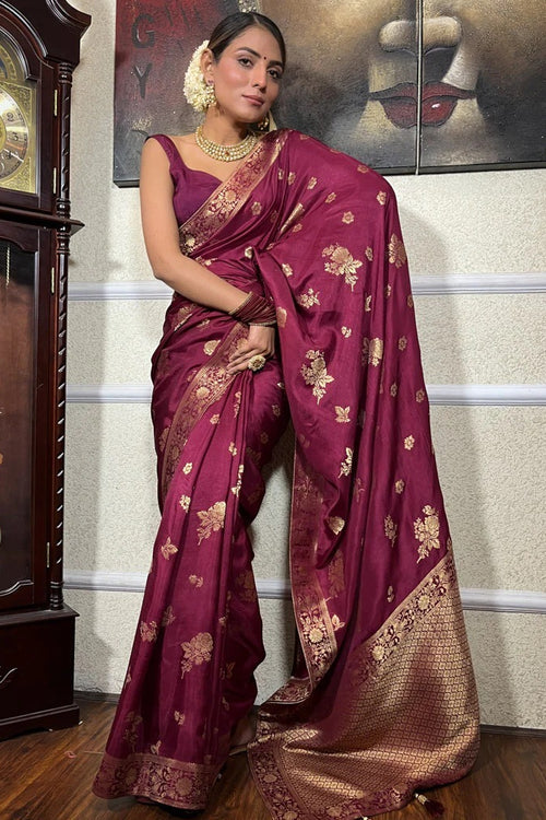 Load image into Gallery viewer, Demure Wine Soft Silk Saree With Diaphanous Blouse Piece
