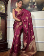 Demure Wine Soft Silk Saree With Diaphanous Blouse Piece