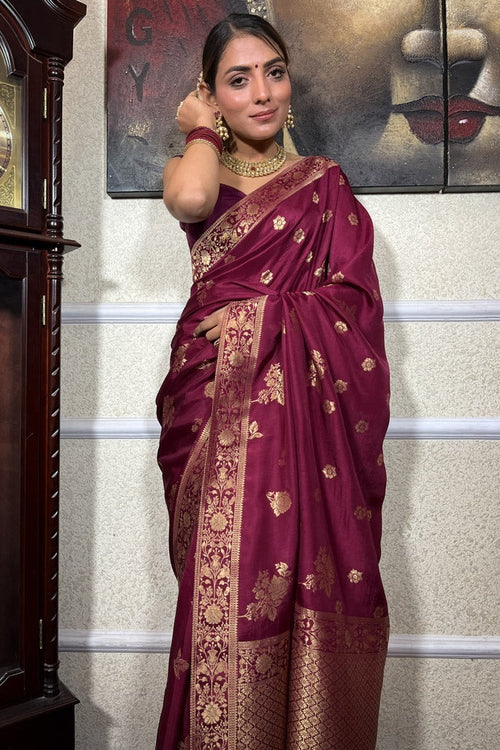 Load image into Gallery viewer, Demure Wine Soft Silk Saree With Diaphanous Blouse Piece
