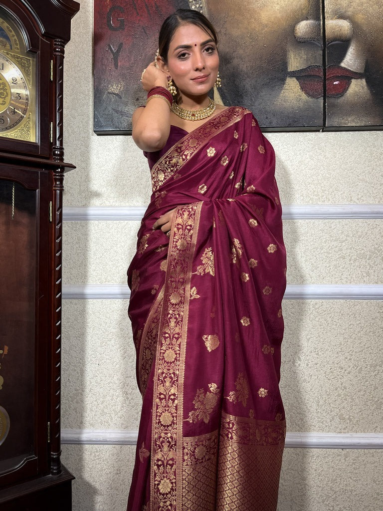 Demure Wine Soft Silk Saree With Diaphanous Blouse Piece