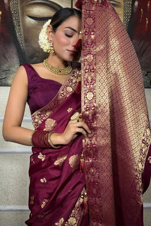 Load image into Gallery viewer, Demure Wine Soft Silk Saree With Diaphanous Blouse Piece
