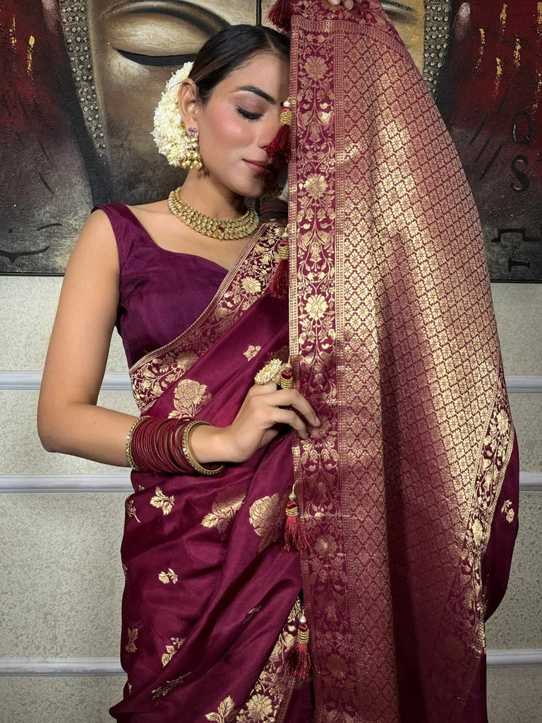 Demure Wine Soft Silk Saree With Diaphanous Blouse Piece