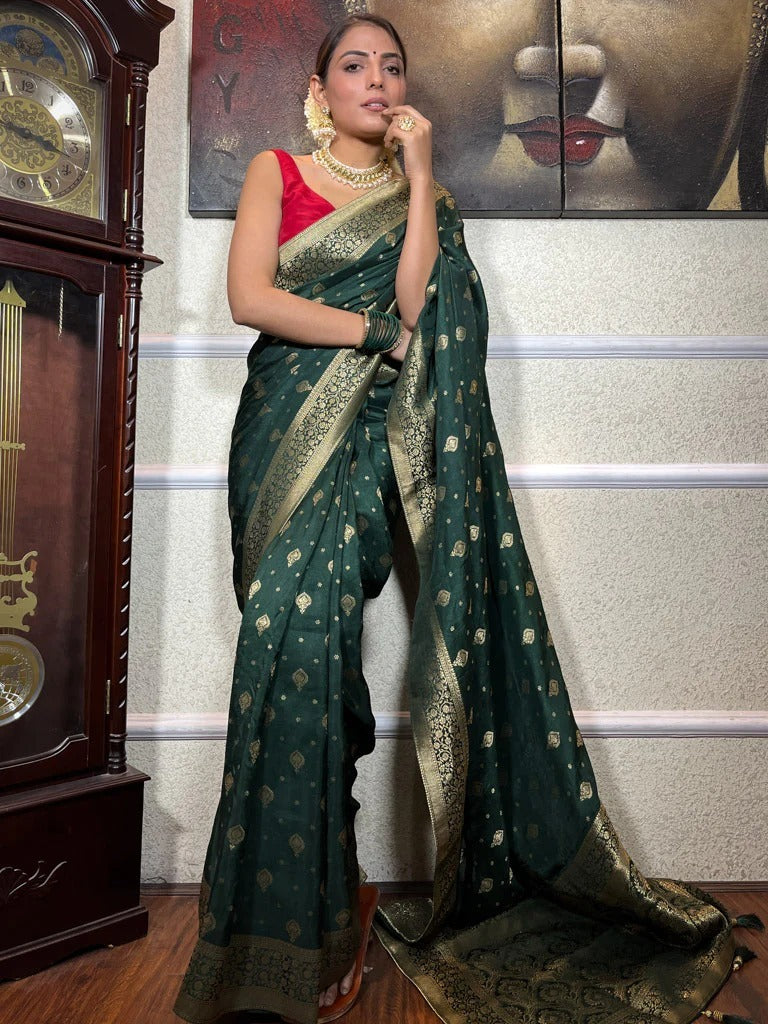 Pretty Dark Green Soft Silk Saree With Sensational Blouse Piece