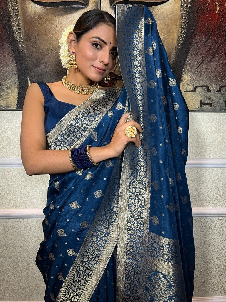 Inspiring Navy Blue Soft Silk Saree With Bewitching Blouse Piece