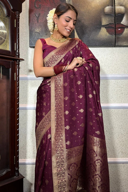 Load image into Gallery viewer, Murmurous Wine Soft Silk Saree With Seraglio Blouse Piece
