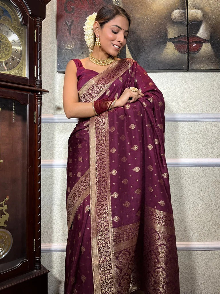 Murmurous Wine Soft Silk Saree With Seraglio Blouse Piece