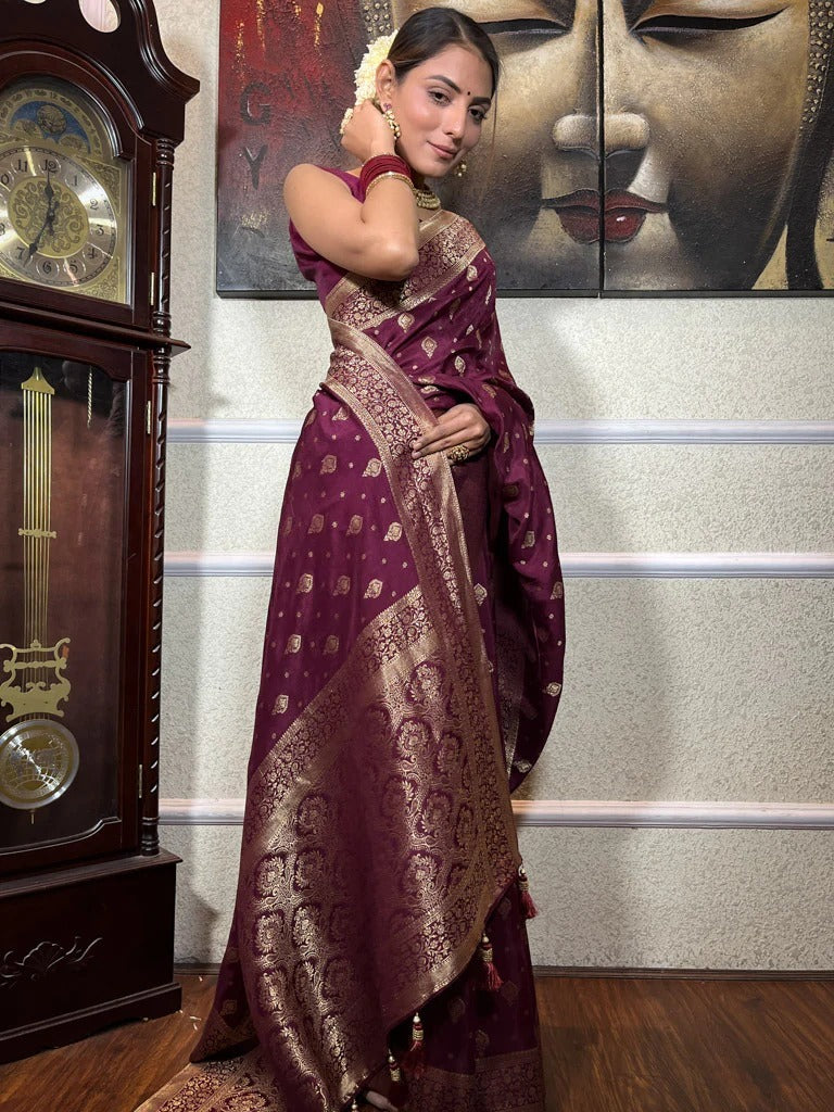 Murmurous Wine Soft Silk Saree With Seraglio Blouse Piece