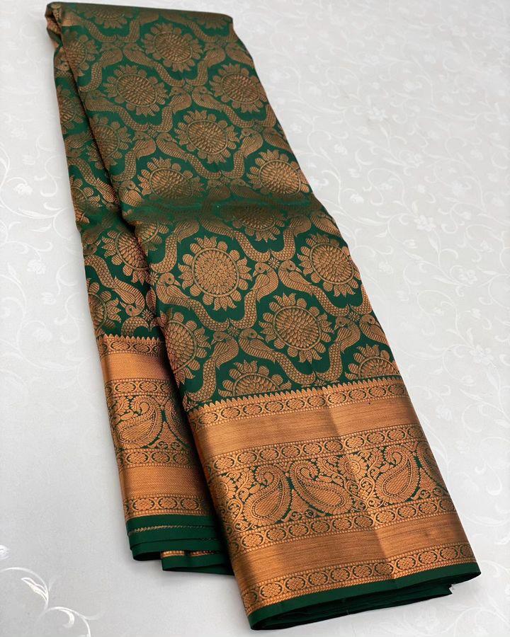 Palimpsest Dark Green Soft Silk Saree With Delectable Blouse Piece