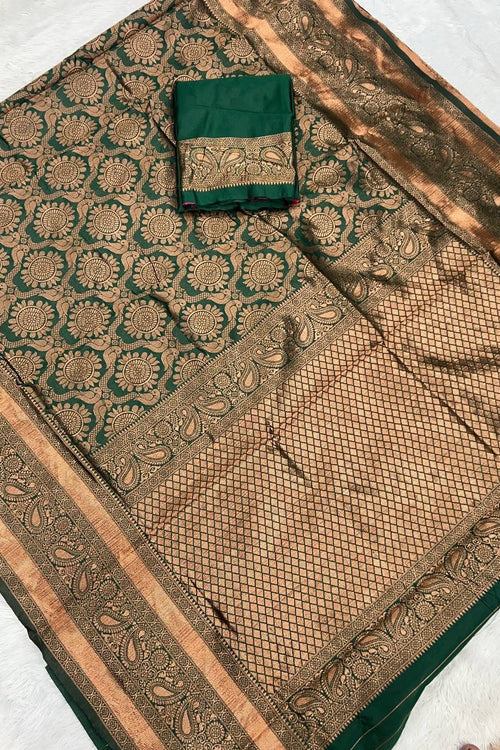 Load image into Gallery viewer, Palimpsest Dark Green Soft Silk Saree With Delectable Blouse Piece
