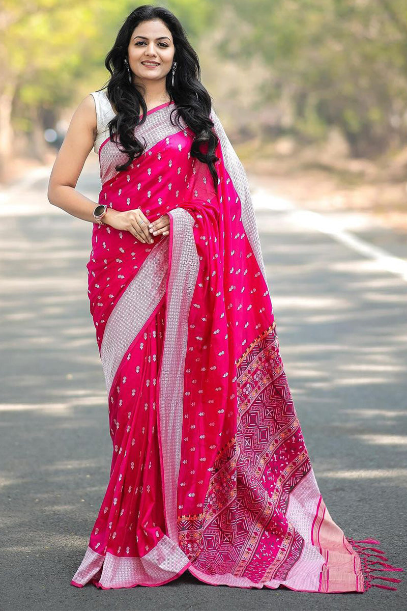 Cynosure Dark Pink Cotton Silk Saree With Dissemble Blouse Piece