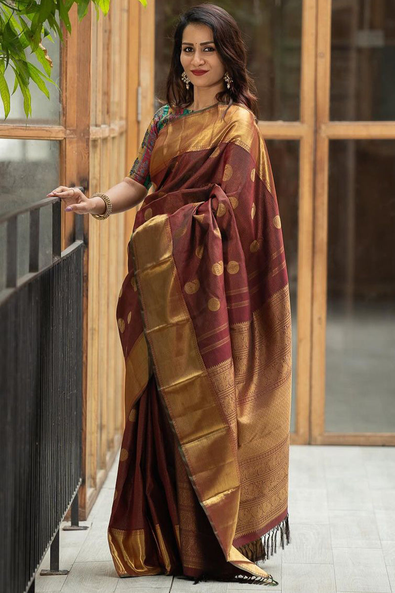 Energetic Brown Soft Silk Saree With Innovative Blouse Piece